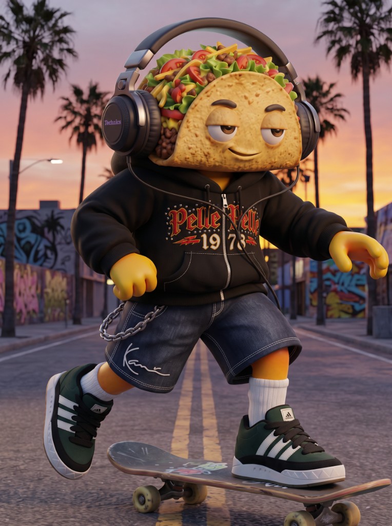 TacosHubオリジナルキャラクター。タコスの頭をしたスケーターがヘッドホンをつけて滑るイラスト